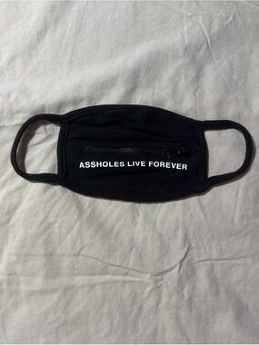 Black Face Mask with Front Zipper and Bold White Text